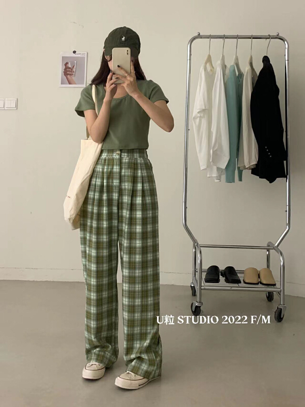goods in stock! New year in early spring! [U grain] wide leg Plaid versatile casual pants 9152# HBx