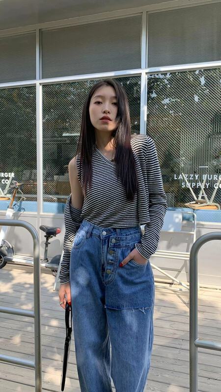 Early spring! [9hour] Korean one shoulder sleeve Vest + striped long sleeve cardigan suit 61130# zxl
