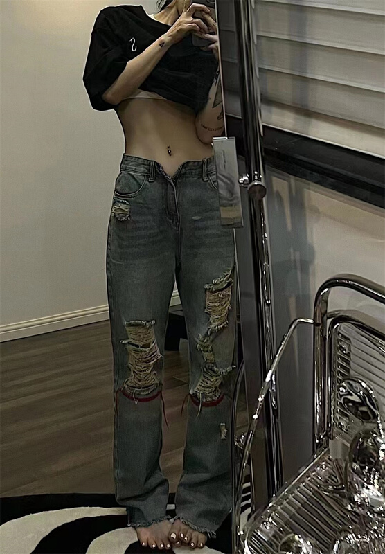 [Yan Zhen] high waist pierced comfortable jeans 66225# PCZ