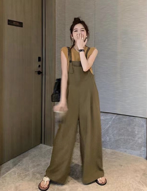 [JH] net red solid color knitted vest + Leisure wide leg suspender suit (only suit) 41691# PCZ