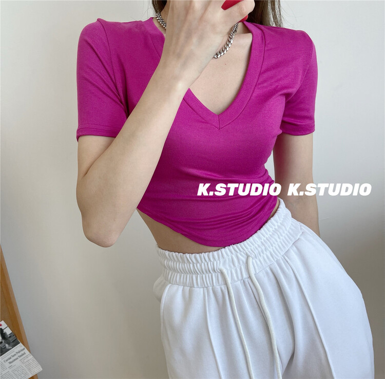 [Kim studio] V-neck simple irregular short sleeved T-shirt 3382# PCZ