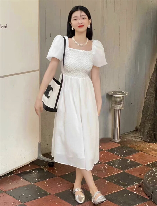 [nxby] princess style square neck bubble sleeve dress 80902# ozq