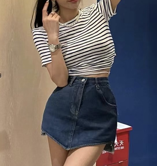 [JH] stripe bandage short sleeve + wash denim skirt set 41519# PCZ