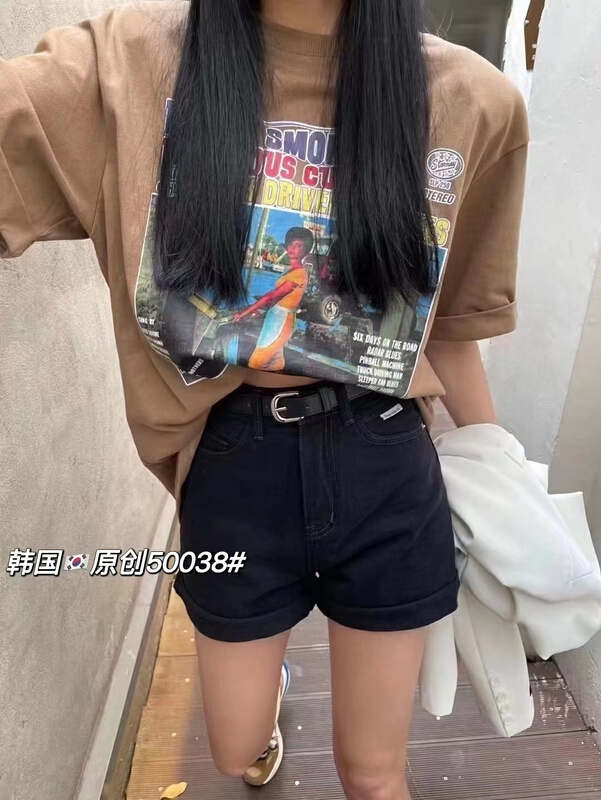 New in early summer! [original in Korea] Korean version crimped versatile denim shorts (with belt) 50038# L