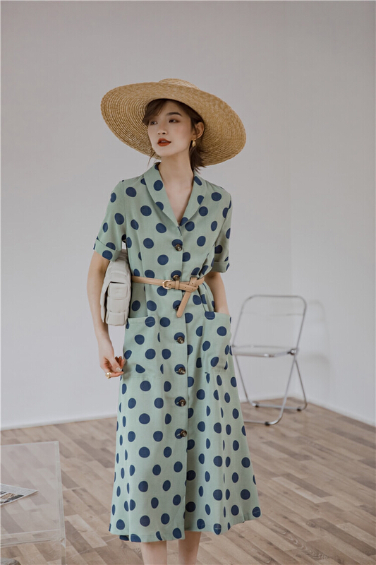 New in early summer! [AC] temperament fashion wave point elegant vintage dress (with belt) 6829# JJ