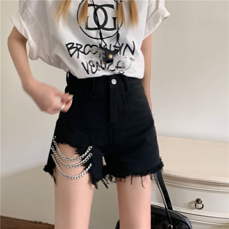 [a +] Korean versatile chain small design denim shorts 0303# WPL