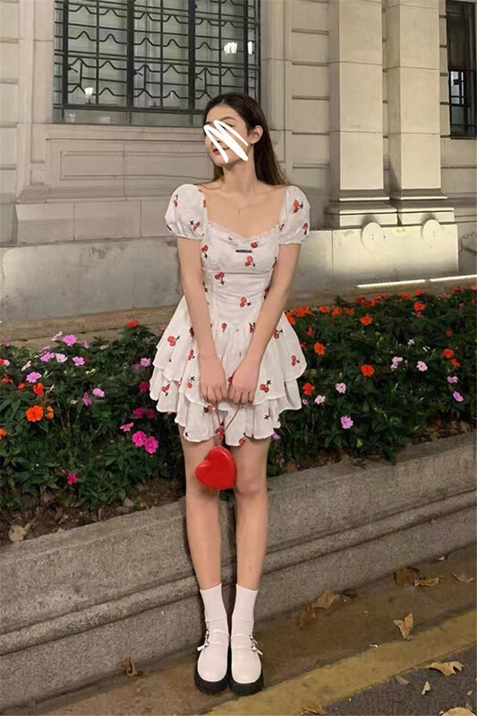 [fne fne] French square neck bubble sleeve printed skirt dress 8036# WPL