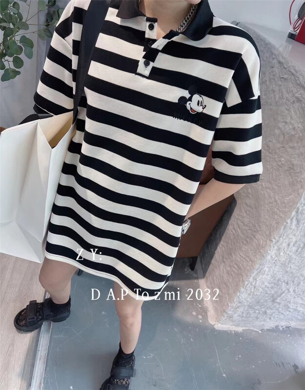 goods in stock! New in early summer! [ZY] casual Polo neck stripe loose Mickey medium long short sleeve T-shirt 2032# WTT