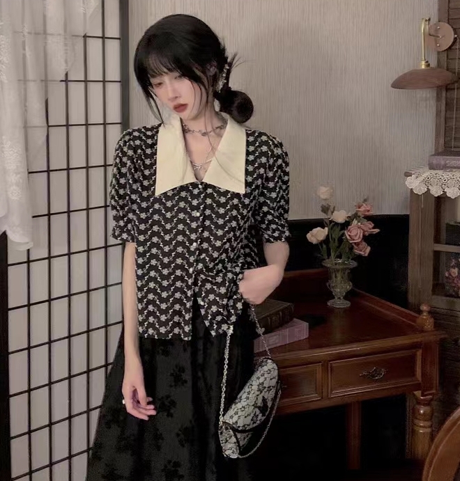 [YG] Vintage literature and art broken flower color contrast minority French loose shirt 8655# lwy