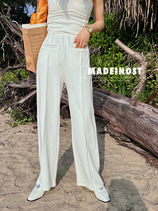 New year in early spring! [OSHA madeinost] elastic waist pocket knitted wide leg casual pants 86008# ll