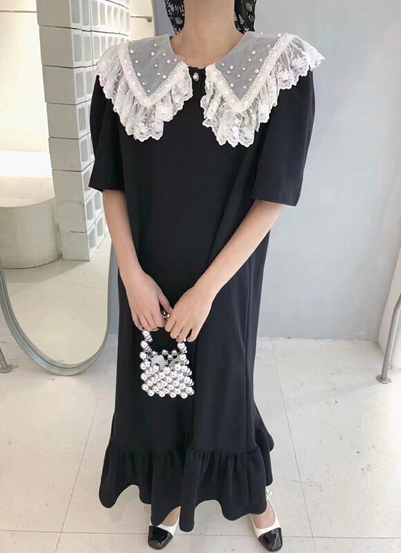 [MI] Korean loose temperament lace pearl stitched dress 9217# PCZ