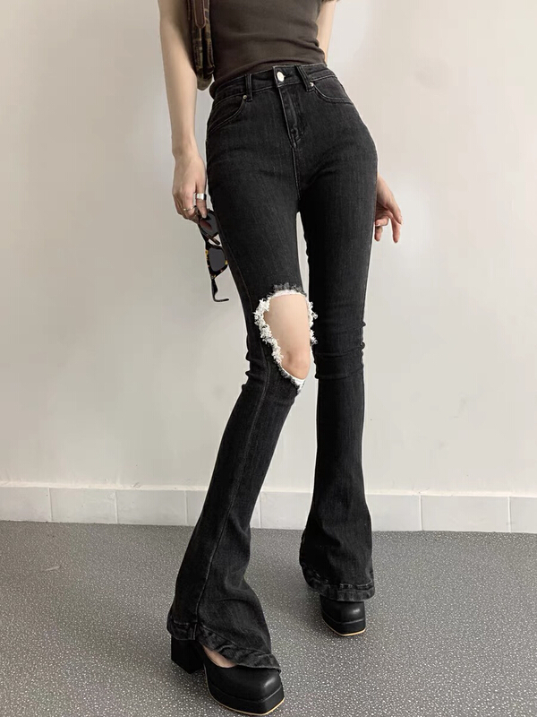 [noodles] Korean high waist elastic perforated jeans 548# ozq