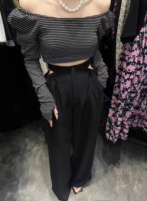 [c.h.z] elastic off shoulder casual simple and versatile striped blouse 90723# WTT