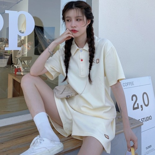 Official figure cotton leisure sports suit women's summer loose polo collar short sleeve T-shirt shorts two-piece set