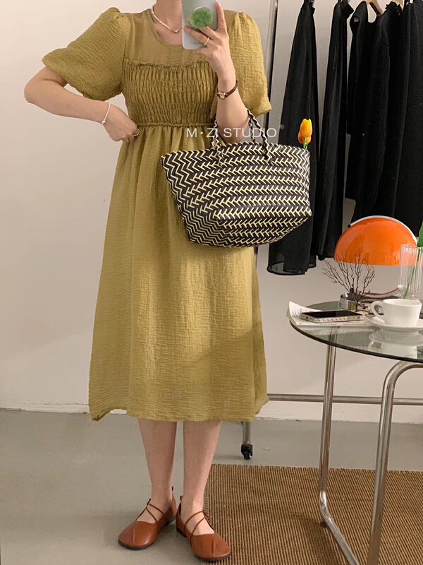 In early summer! [m.zi studio] Korean version round neck waist shrink thin dress 6897\hbx