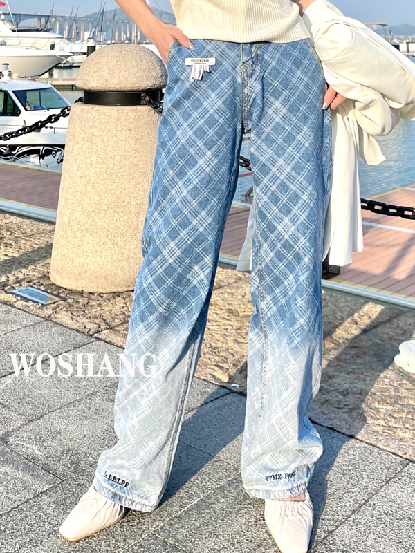 goods in stock! New year in early spring! [woshang] high waist Plaid embroidered jeans 1090# XYJ