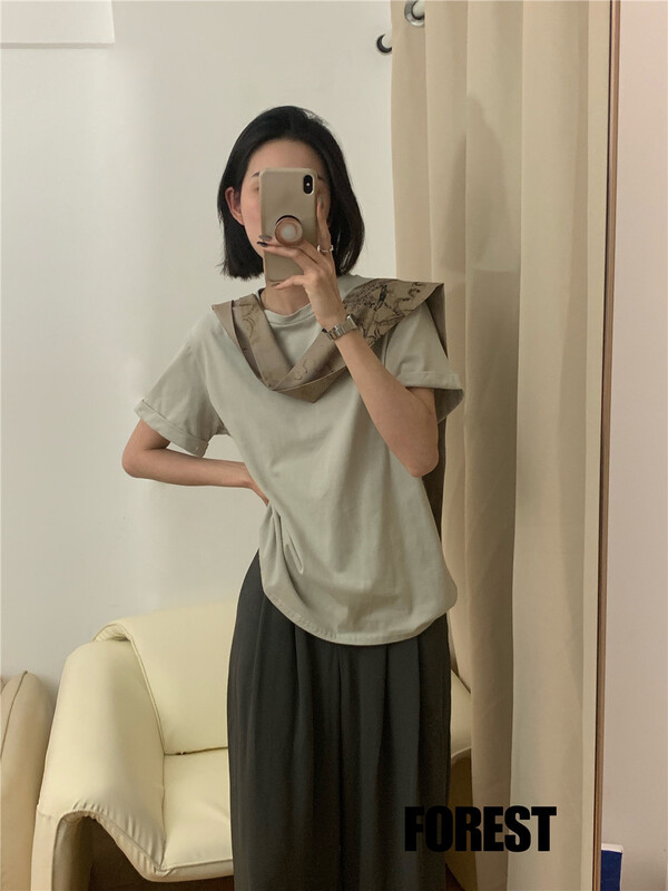 [forest] round neck clean comfortable short sleeve T-shirt (T-shirt only) a-8058# L