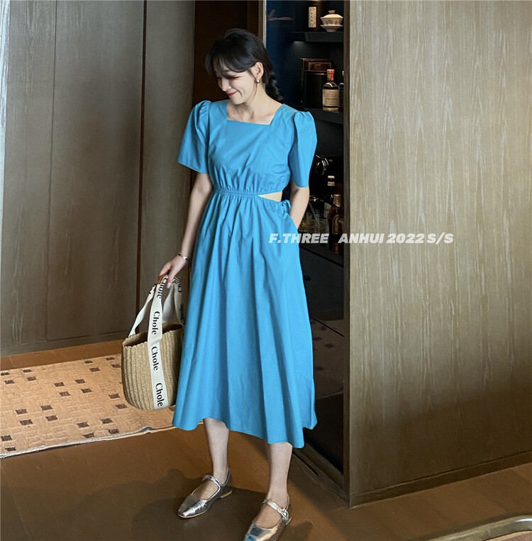 New in early summer! [f.theree] be careful with the machine, waist exposed square neck dress 95139# XJ