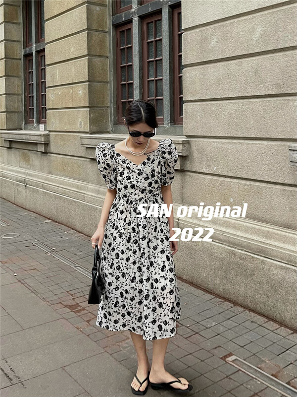 [San original] bubble sleeve V-neck dress 352# LSL