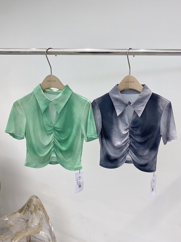 [Yang lotus] Vintage tie dyed pleated short shirt s12211205# ozq