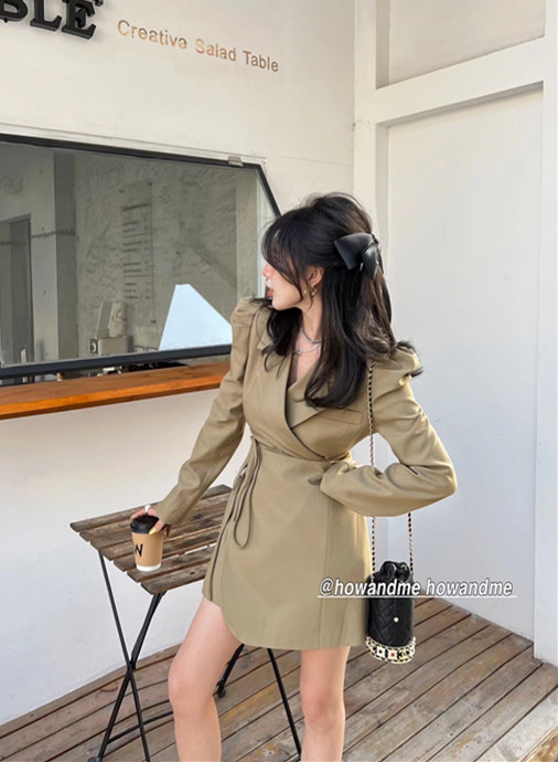 goods in stock! New year in early spring! [how and me] design sense retro foreign style thin dress (with belt) 8039# LSL
