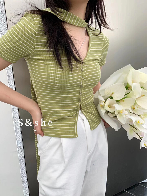 [she] fashion slim fit striped short sleeve T-shirt (with BIB) 1140a# XJ