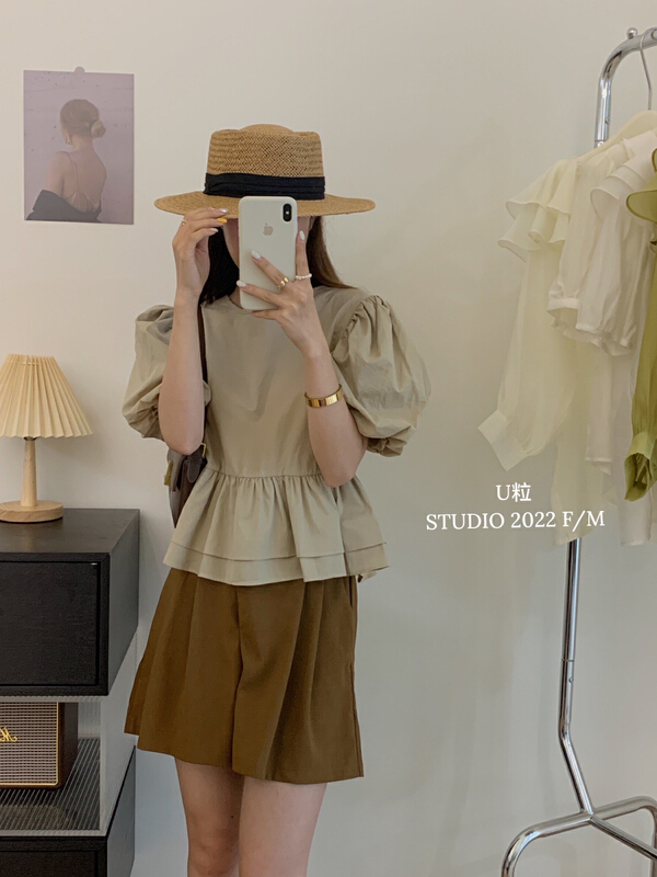 [U grain] bubble sleeve round neck versatile shirt 5779# HBx