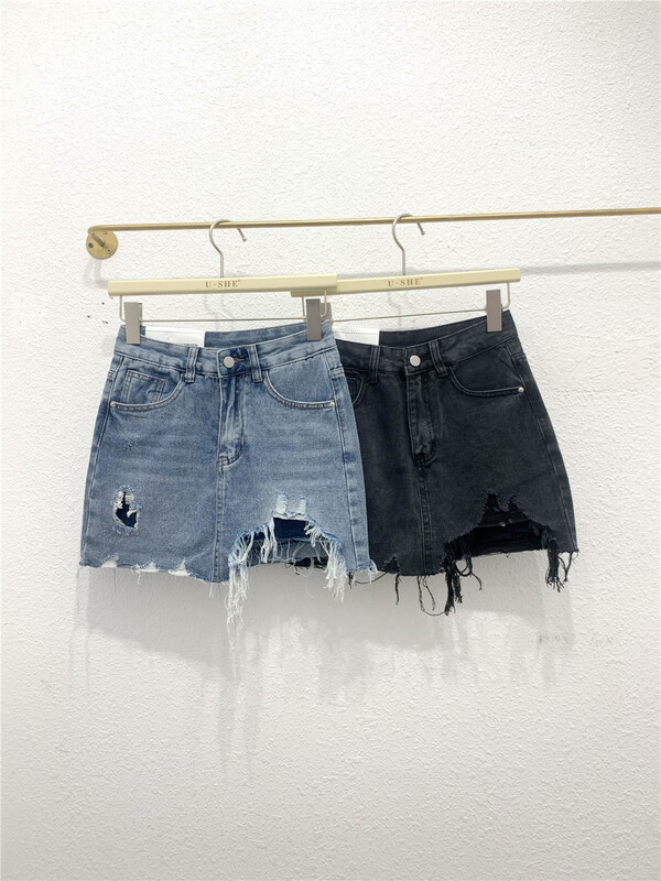 [u.she] Korean version of skinny denim skirt 36269# cqw with rough edges