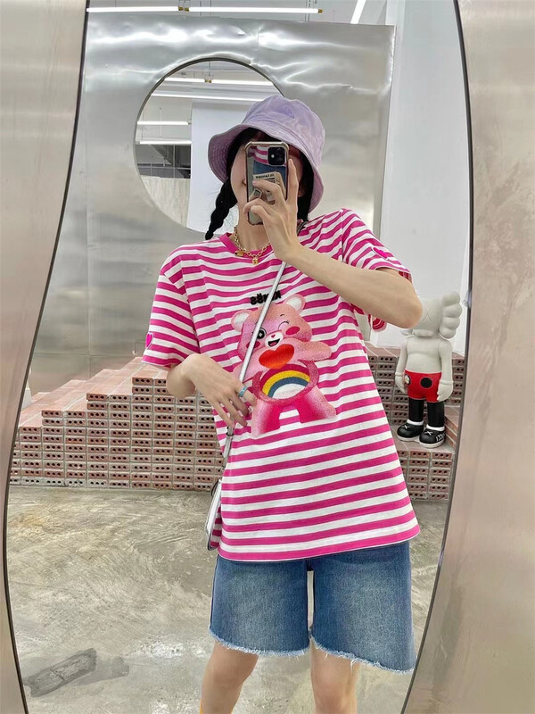 New in early summer! [big C studio] Korean stripe cartoon loose Pullover girl heart short sleeve T-shirt 1051# PCZ