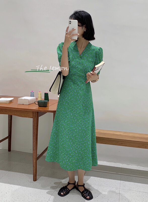 New in early summer! [lemon green tea] fashion floral medium length lace up dress 2119# hjy