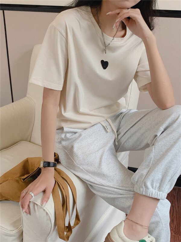 New in early summer! [lini] Korean round neck love versatile short sleeve T-shirt 121c024# zxx