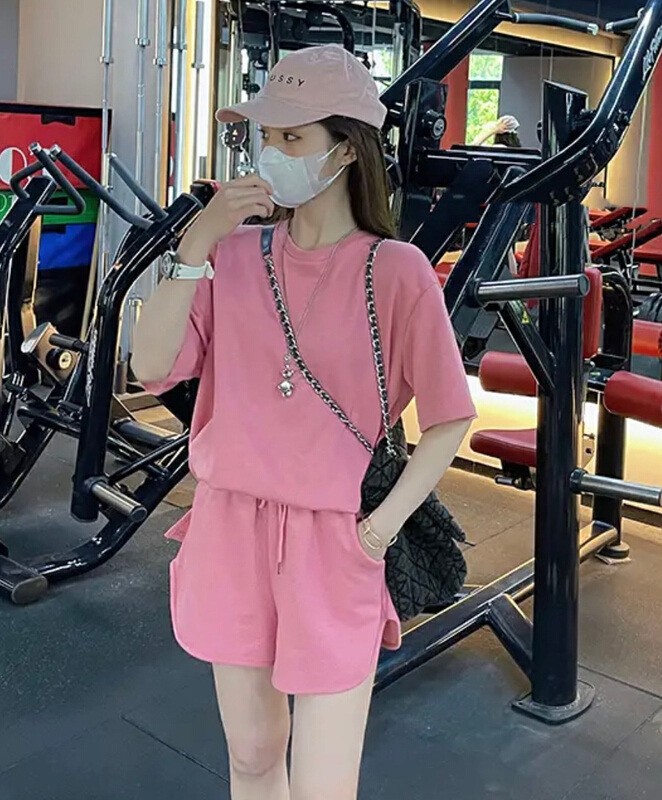 [JH] crew neck solid color short sleeve + elastic waist casual Shorts Set (suit only) 41694# PCZ