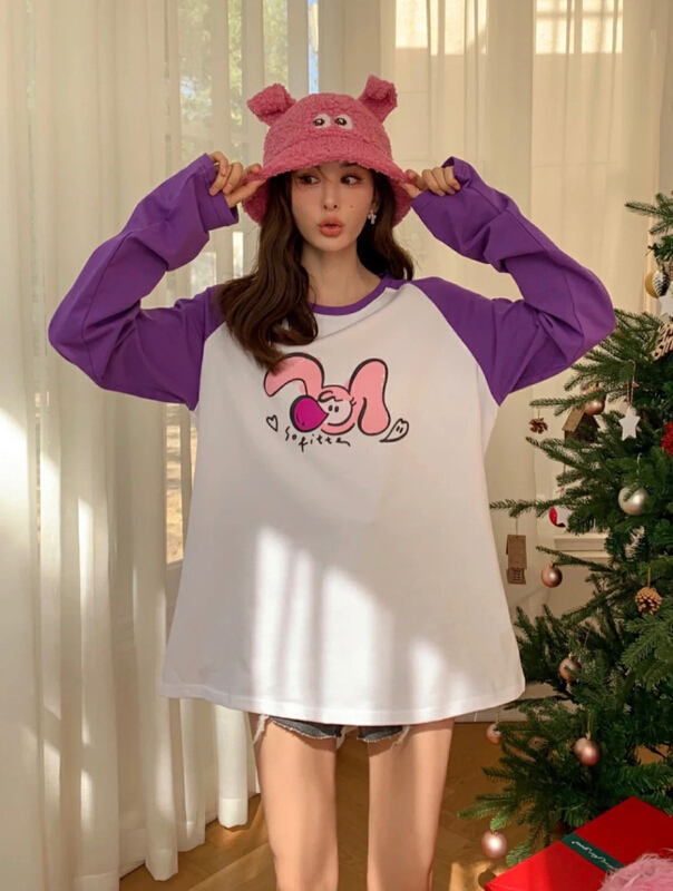 [Nancy] Korean round neck Pullover versatile long sleeve T-shirt 8707# WPL