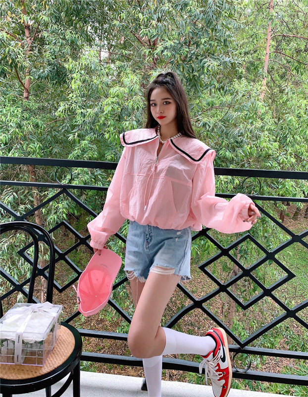New in early summer! [shuilifang] Navy collar half zipper Pullover sunscreen shirt 2216# LSL