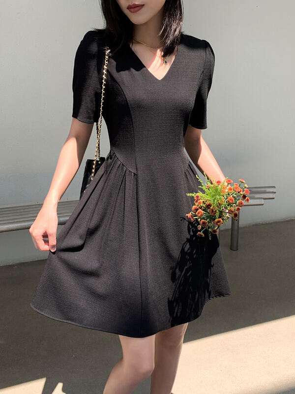 [Hanna Hanna] Vintage pure color V-neck bubble sleeve dress m3137# XJ