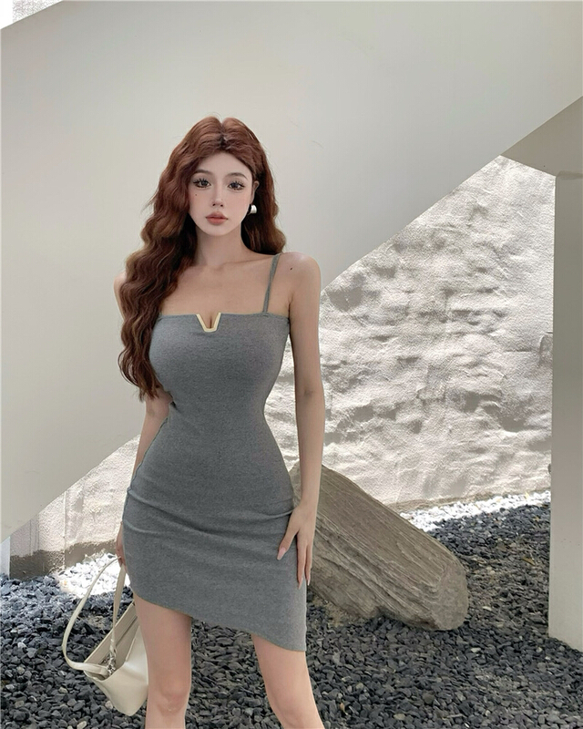 [X.C] irregular V-neck elastic sling dress 599# WPL
