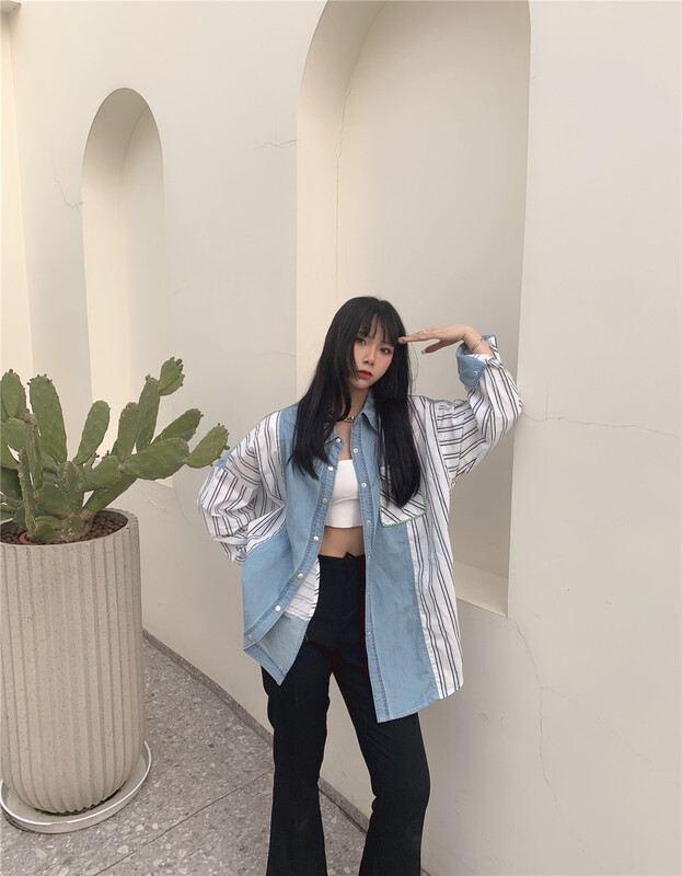 [ylanvo] personalized color blocking stripe single Pocket Shirt 7081# CSX