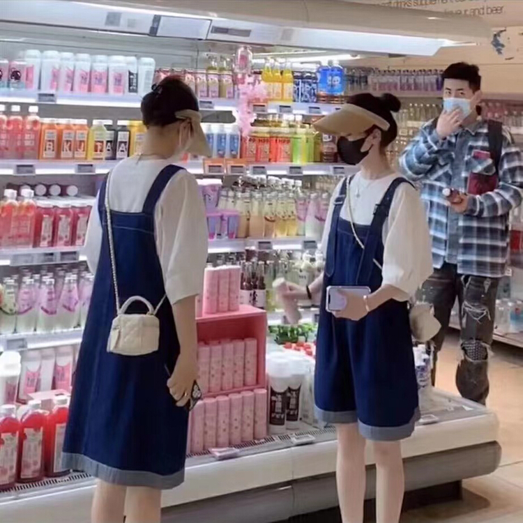 [JH] simple solid color short sleeved T-shirt + loose fashion suspender skirt set 41685# PCZ