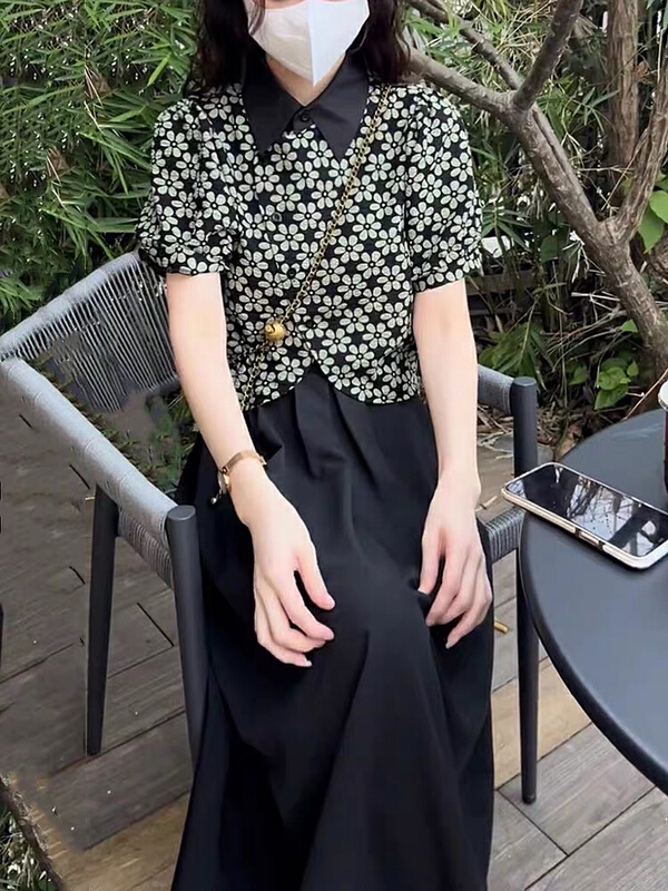 [jun.t] Vintage Print bubble sleeve short shirt + slim A-line skirt two piece suit 6032# PCZ