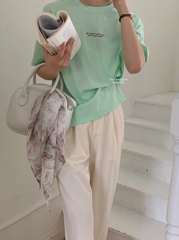 [your room] Korean letter round neck Casual Short Sleeve T-shirt (with silk scarf) ys1-755# cqw