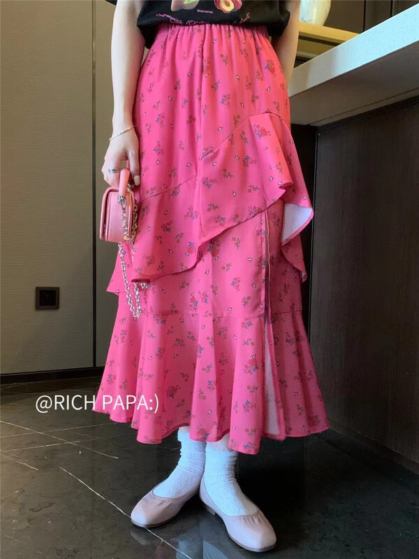 [rich Papa] gentle wind floral ruffled split skirt q067# zxx