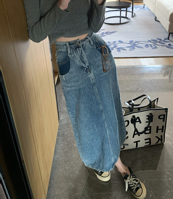 goods in stock! New in early summer! [blue show] Korean color blocking frosted denim skirt 685# LSW