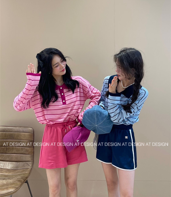 [at] Korean contrast Stripe Polo neck ice silk sweater 2223# LSL