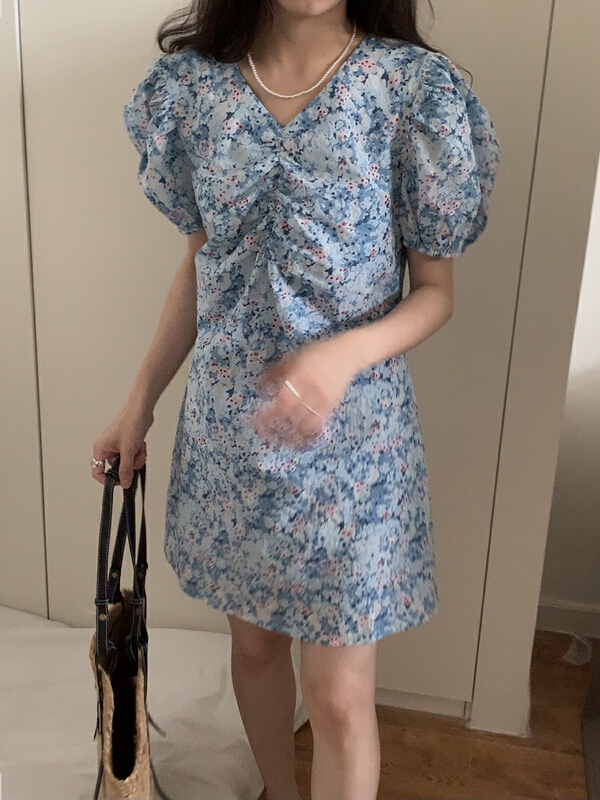 [Gabrielle] bubble sleeve floral dress a2388# zxl