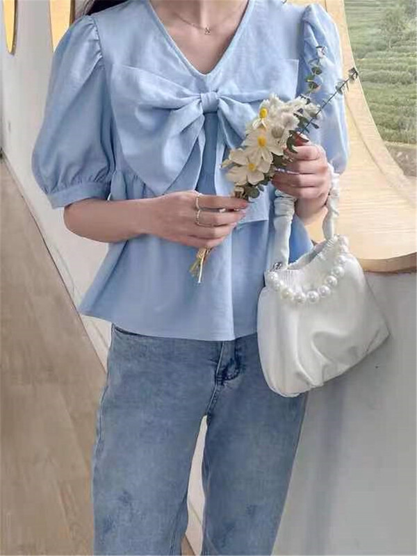 初夏上新!【香厘】甜美蝴蝶結V領純色小衫  6009#  PCZ