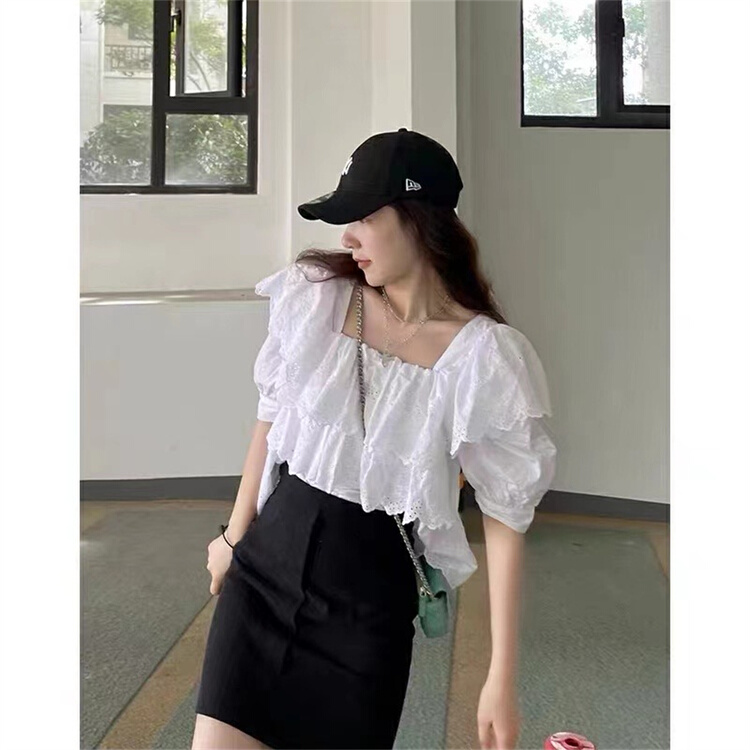 "DT" Korean version of super beautiful square collar bubble sleeve shirt L9836# LWY