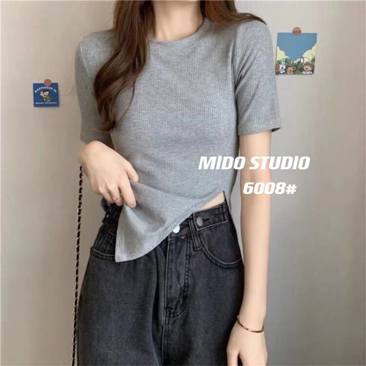 New year in early spring! [Mido] round neck simple versatile slit short sleeve T-shirt 6008# LSL