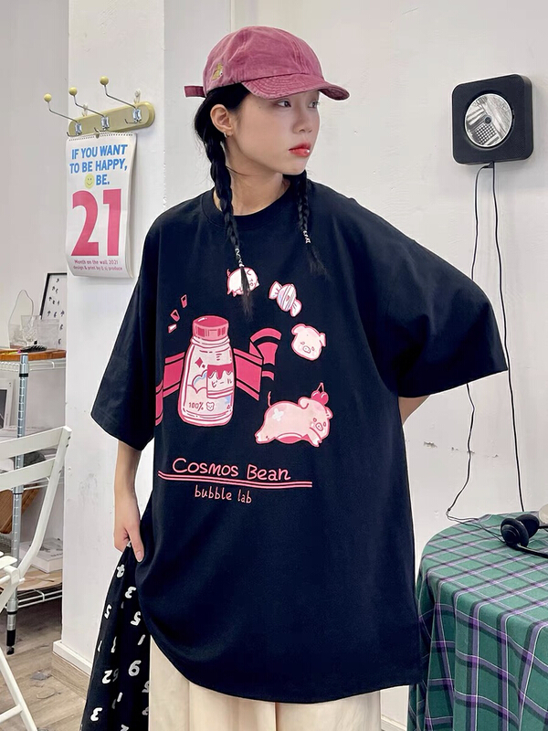 [lab eeda] pig print loose BF Street sweet cool couple short sleeve T-shirt 3032# ozq