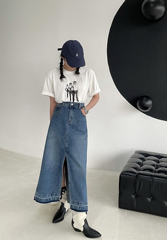 [July] fashionable personality front and back high slit denim skirt 5322# zxx
