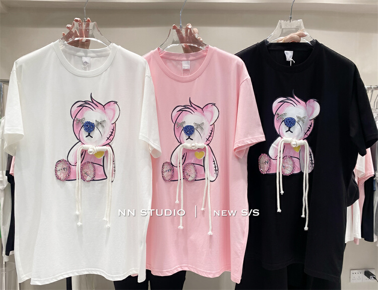 New in early summer! [NN] Korean pink hand knotted bear print short sleeve T-shirt 8605# XYY